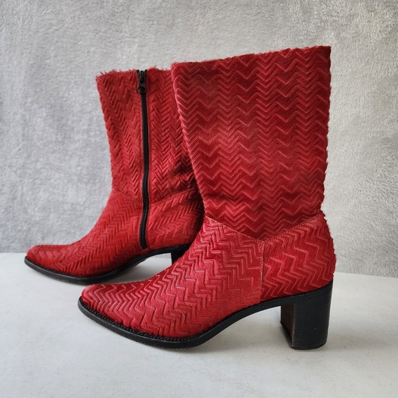 Rocco P. Shoes - Rocco P Boots Womens 6.5 Red Leather Fur Block Heel Zig Zag Italy Vintage EU 37